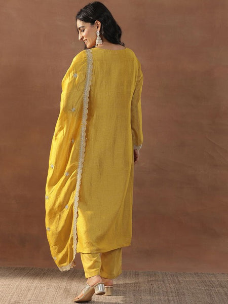 Mustard Yellow Floral Embroidered Sequinned Straight Kurta With Trousers & Dupatta