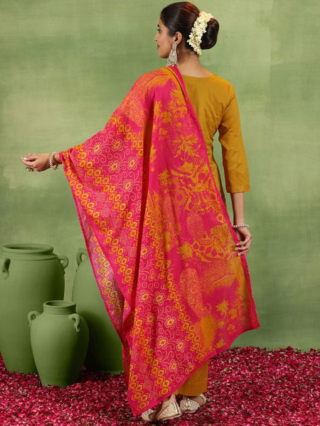 Mustrad Yellow Floral Embroidered Schiffli Cotton Kurta With Trousers & Dupatta
