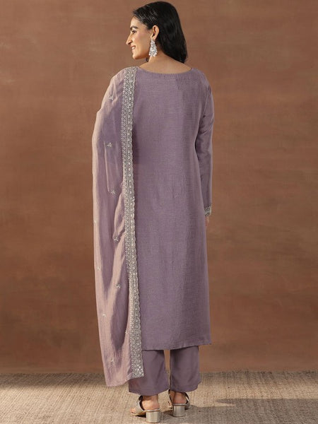 Mauve Floral Embroidered Round Neck Sequinned Straight Kurta With Trousers & Dupatta