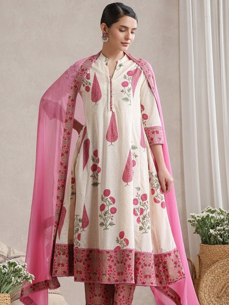 Women Floral Printed Mandarin Collar Pure Cotton Anarkali Kurta & Palazzos & Dupatta Set VitansEthnics