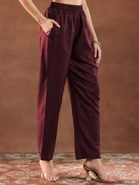 Maroon and Gold Floral Zari Yoke Design Straight Kurta with Trouser & Dupatta