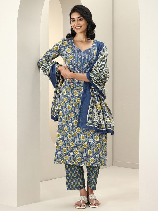Women Floral Printed Regular Mirror Work Kurta with Trousers & With Dupatta Indian Suit Set VitansEthnics