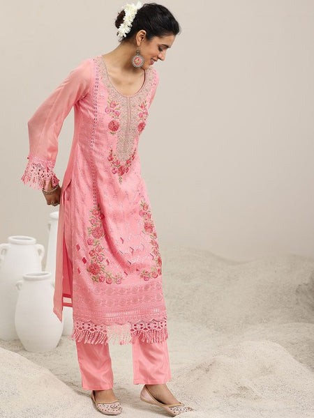 Women Floral Embroidered Panelled Kurta With Trousers & Dupatta Set