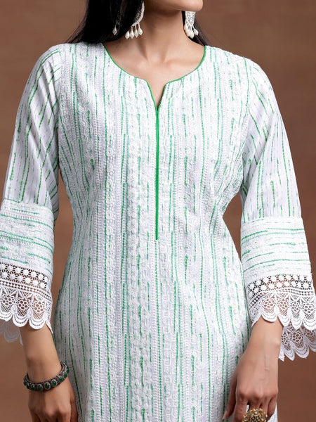 Notched Neck Flared Sleeves Floral Embroidered Straight Kurta with Palazzo & Dupatta Set