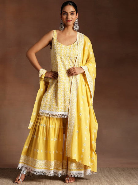 Women Ethnic Motifs Embroidered High Slit Pure Cotton Kurta & Sharara With Dupatta Set VitansEthnics