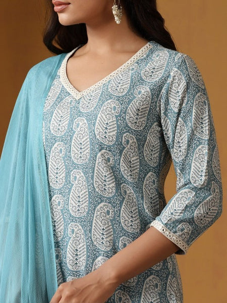 Women Paisley Printed Regular Straight Above Knee Kurta with Palazzos & Dupatta Set VitansEthnics