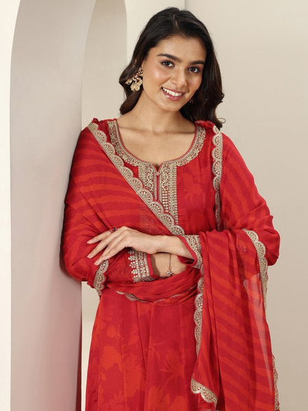 Women Embroidered Pleated Silk Chiffon Kurta with Trousers & With Dupatta Indian Suit Set VitansEthnics