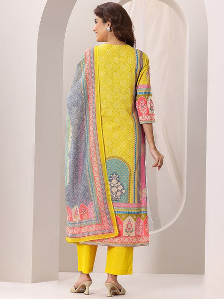 Women Yellow Ethnic Motifs Printed Round Neck Straight Kurta with Trousers & Dupatta Set VitansEthnics