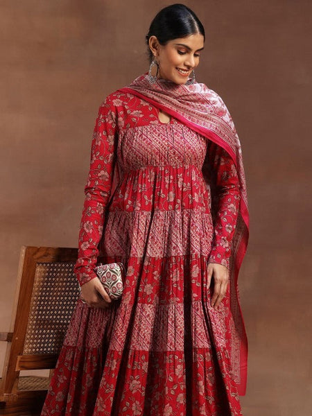 Women Floral Printed Empire Keyhole Neck Anarkali Kurta With Churidar And Dupatta VitansEthnics