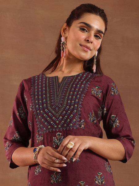 Women Floral Printed Thread Work Straight Kurta With Trousers & Dupatta Set VitansEthnics