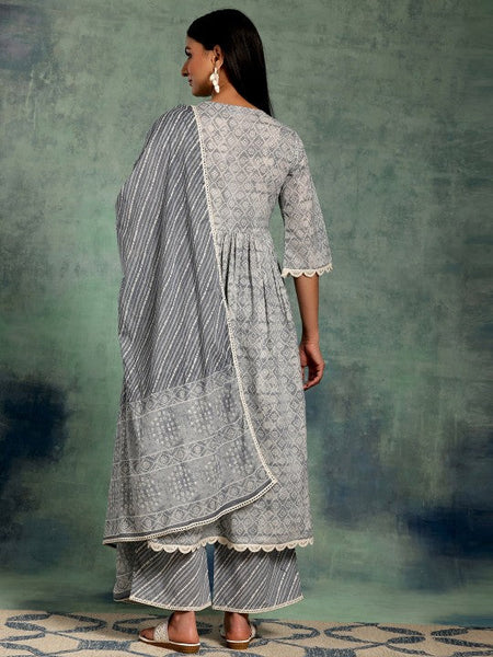 Women Bandhani Printed Pleated Pure Cotton Kurta with Palazzos & With Dupatta Set VitansEthnics