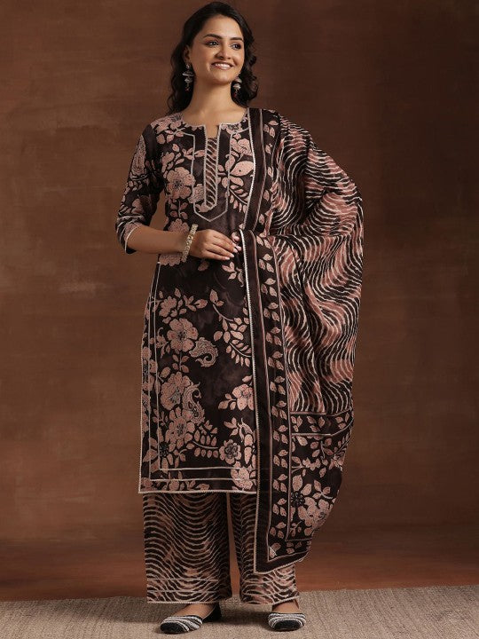 Women Floral Printed Gotta Patti Pure Cotton Straight Kurta With Palazzo & Dupatta