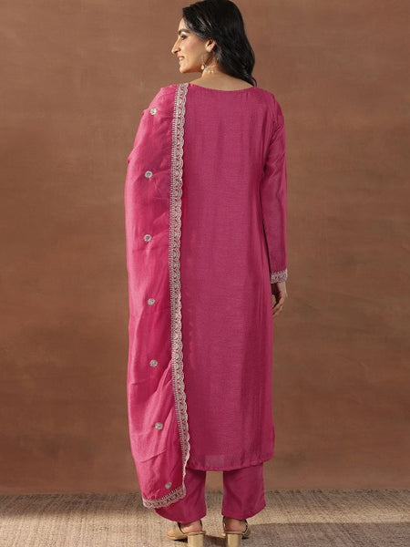 Pink Floral Embroidered Scoop Neck Sequinned Straight Kurta With Trousers & Dupatta