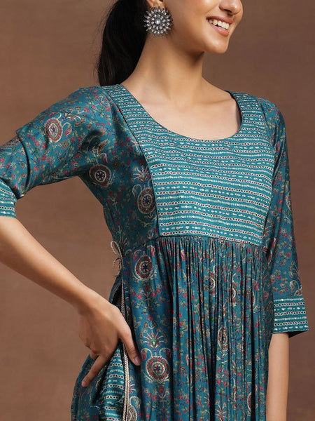 Women Blue Floral Printed Pleated Sequinned Straight Kurta with Trousers & Dupatta