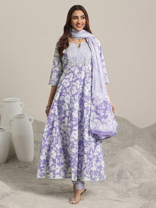 Women Floral Printed Thread Work Pure Cotton Anarkali Kurta with Churidar & Dupatta VitansEthnics