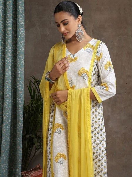 Women Floral Printed Pure Cotton Straight Kurta With Palazzos And Dupatta Set VitansEthnics