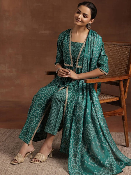Women Bandhani Printed Pleated Gotta Patti A-Line Kurta with Trousers & Dupatta