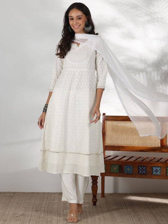Women Embroidered Mirror Work Pure Cotton Anarkali Kurta With Palazzo & Dupatta Set VitansEthnics