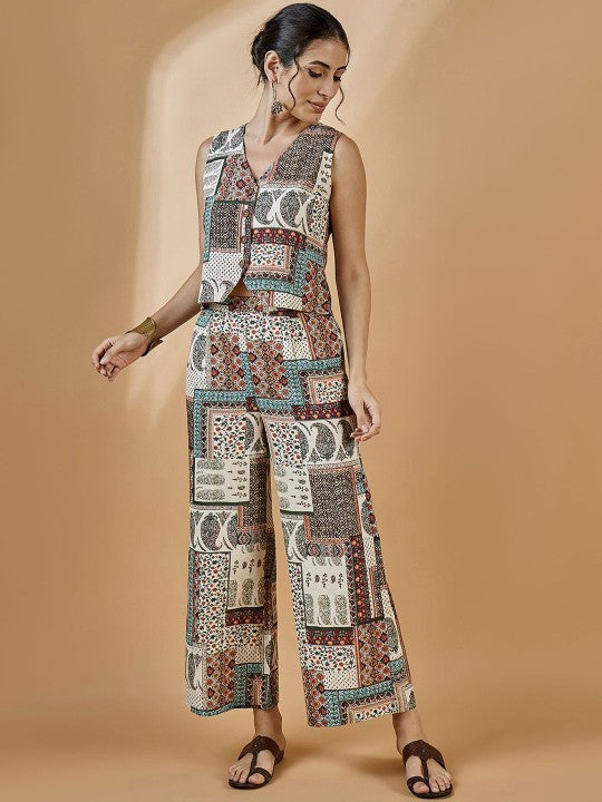 Women Ethnic Printed Pure Cotton Waistcoat With Trousers Set Indo-Western Outfit VitansEthnics