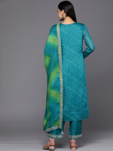 Women Turquoise Blue Bandhani Printed Kurta with Trousers & With Dupatta