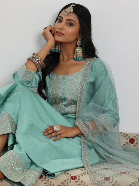 Sea Green Floral Embroidered Sequinned Chanderi Silk Kurta with Palazzo & Dupatta