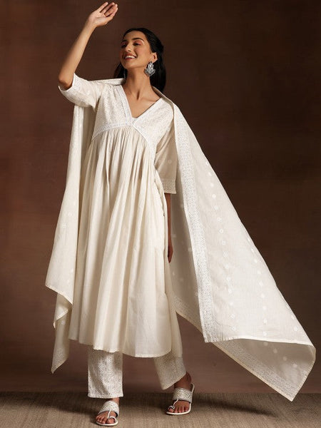 Women Ethnic Motifs High Slit Thread Work Pure Cotton Kurta with Palazzo & Dupatta Set VitansEthnics