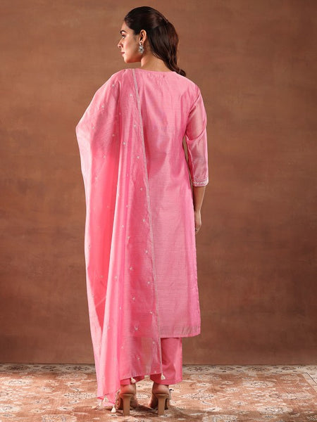 Floral Embroidered Chanderi Silk Kurta With Trousers & Dupatta Set