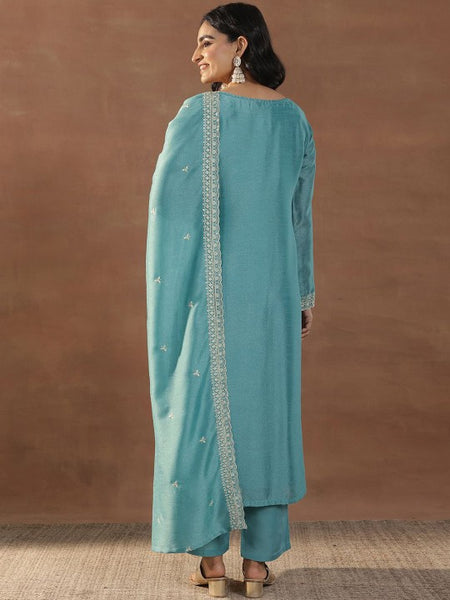 Blue Floral Embroidered Scoop Neck Sequinned Straight Kurta With Trousers & Dupatta