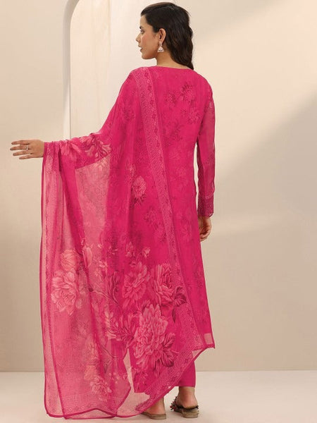 Floral Embroidered Notch Neck Thread Work Straight Kurta With Trousers & Dupatta Set VitansEthnics