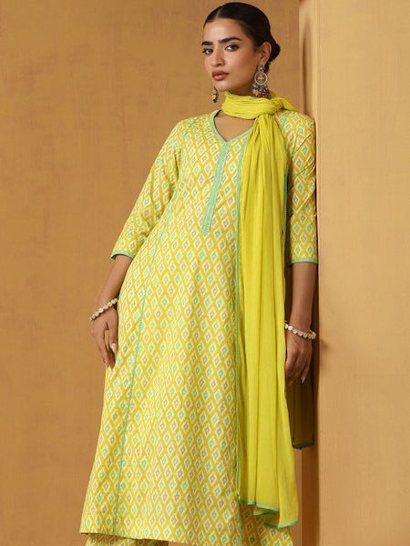 Women Geometric Printed Pure Cotton Straight Kurta With Palazzo And Dupatta Set VitansEthnics
