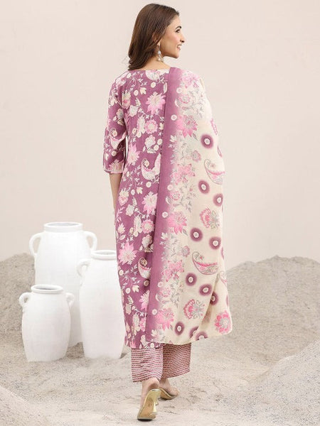 Floral Printed Thread Work Straight Kurta With Trousers & Dupatta Set VitansEthnics