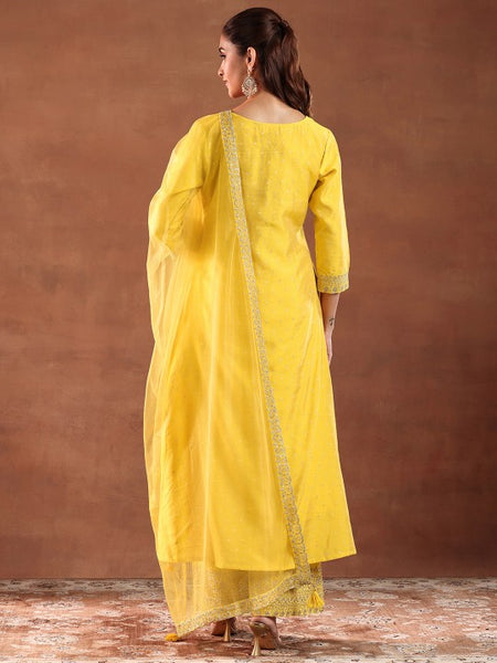 Yellow Ethnic Motifs Woven Design Chanderi Silk A-Line Kurta with Palazzo & Dupatta