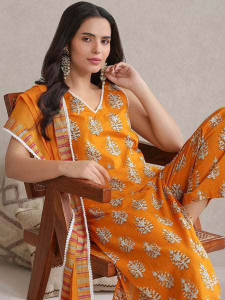 Women Floral Printed V-Neck Pure Cotton Straight Kurta With Palazzos And Dupatta Set VitansEthnics
