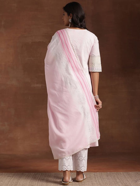 Women Pink Floral Printed Sequinned Pure Cotton Kurta with Trousers & Dupatta