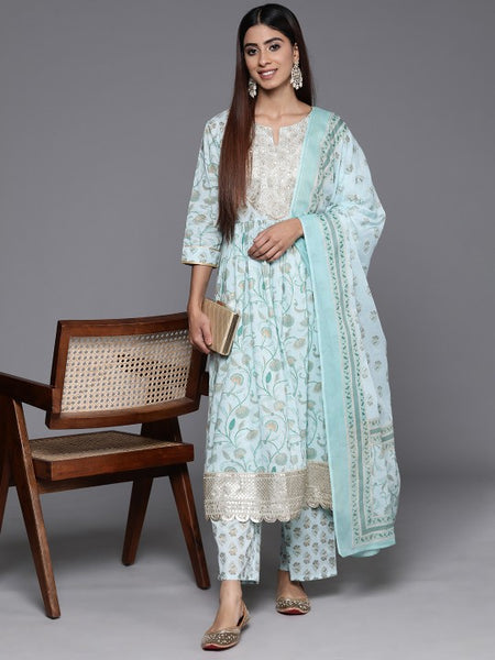 Women Floral Printed Pleated Gotta Patti Pure Cotton Kurta with Palazzos & Dupatta