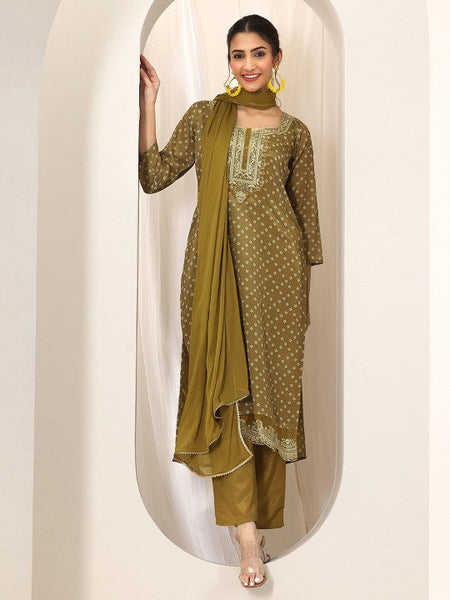 Women Bandhani Printed Scoop Neck Thread Work Straight Kurta With Trouser & Dupatta Set VitansEthnics