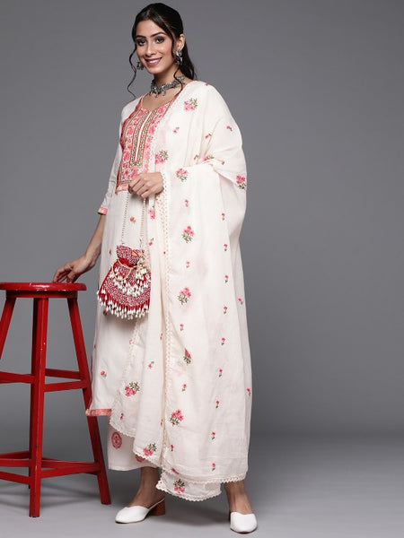 Women Off White & Pink Cotton Floral Thread Work Kurta with Palazzos & Dupatta Set