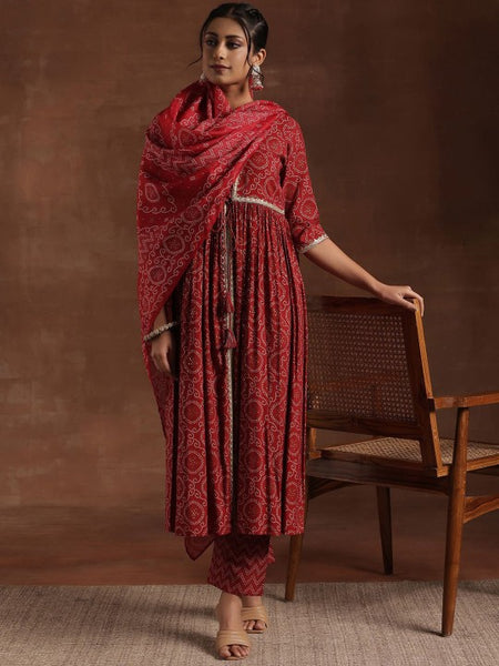 Women Bandhani Printed Pleated Gotta Patti A-Line Kurta with Trousers & Dupatta