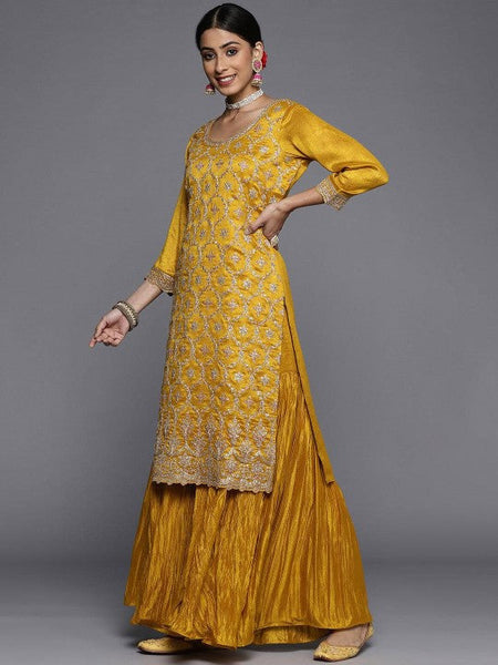 Women Floral Embroidered Sequinned Scoop Neck Straight Kurta With Sharara And Dupatta VitansEthnics