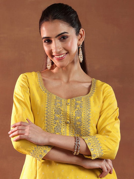 Yellow Ethnic Motifs Woven Design Chanderi Silk A-Line Kurta with Palazzo & Dupatta