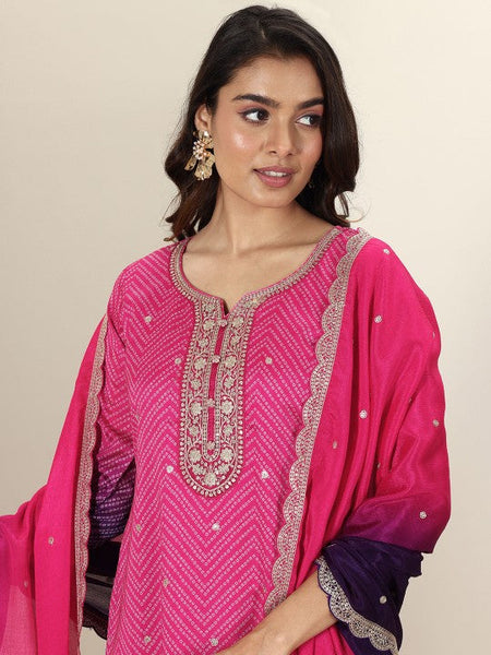 Women Bandhani Printed Regular Zari Work Kurta with Trousers & Dupatta Indian Suit Set VitansEthnics