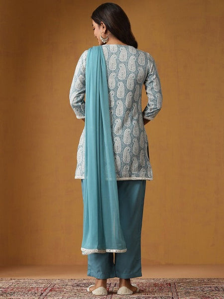 Women Paisley Printed Regular Straight Above Knee Kurta with Palazzos & Dupatta Set VitansEthnics