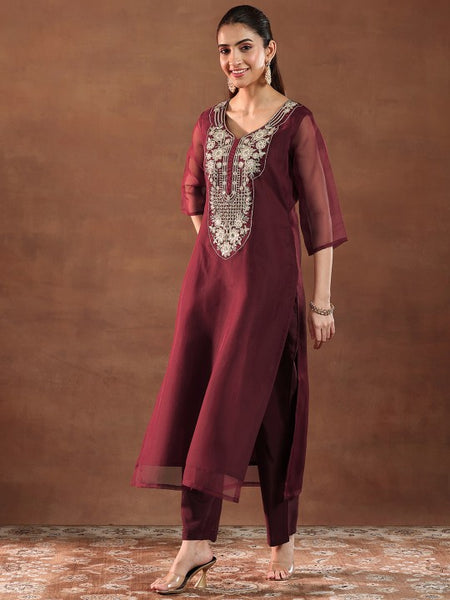 Maroon and Gold Floral Zari Yoke Design Straight Kurta with Trouser & Dupatta