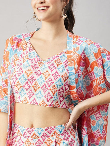 Ethnic Motifs Printed Pure Cotton Top & Trousers With Shrug & Scrunchie Coord Set VitansEthnics