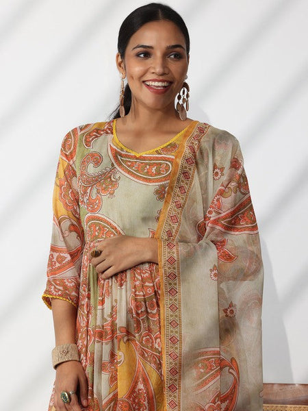 Women Ethnic Motifs Printed V-Neck Beads and Stones A-Line Kurta With Palazzos & Dupatta Set VitansEthnics