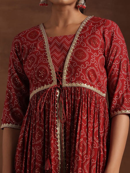 Women Bandhani Printed Pleated Gotta Patti A-Line Kurta with Trousers & Dupatta