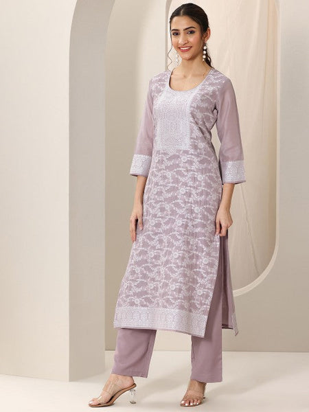 Women Floral Thread Work Chanderi Silk Regular Kurta with Trousers & Dupatta Indian Suit Set VitansEthnics