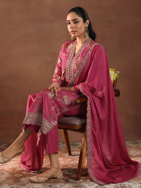 Women Floral Printed V-Neck Thread Work Silk Kurta With Trousers & Dupatta