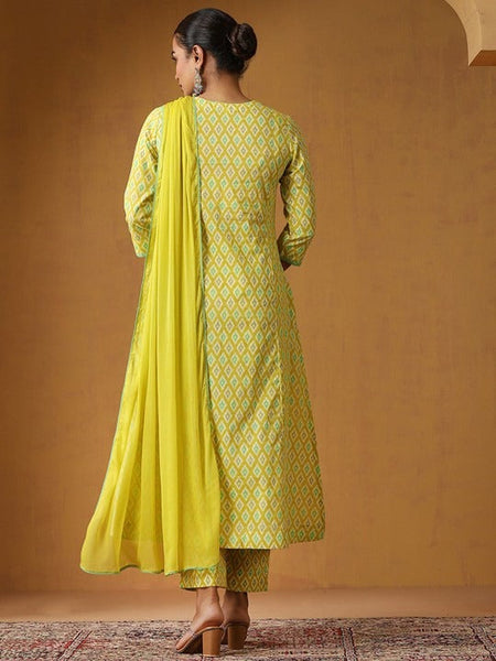 Women Geometric Printed Pure Cotton Straight Kurta With Palazzo And Dupatta Set VitansEthnics