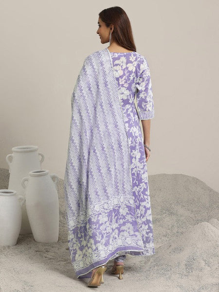 Women Floral Printed Thread Work Pure Cotton Anarkali Kurta with Churidar & Dupatta VitansEthnics
